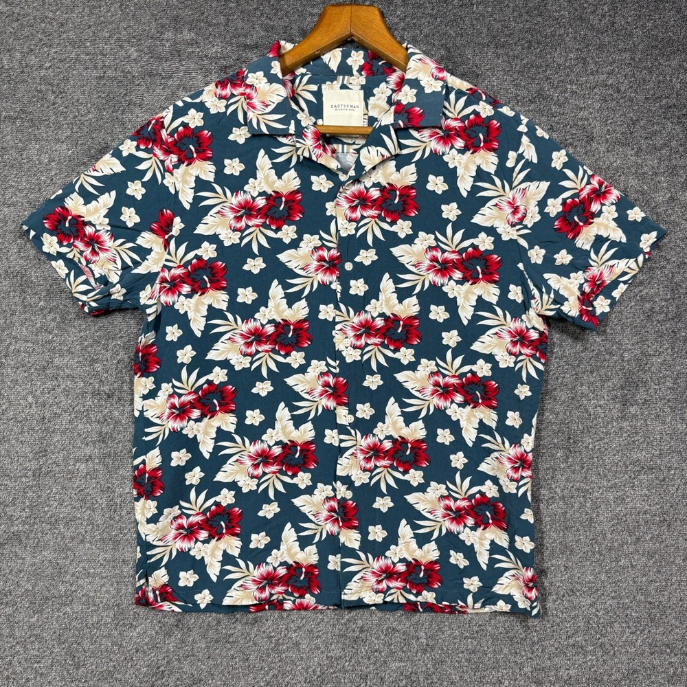 Cactus Man Ricky Singh Shirt Mens M Floral Tropical Viscose Button Up Teal